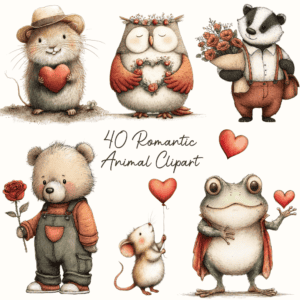 Storybook style vintage woodland animals holding hearts and flowers Storybook style vintage woodland animals holding hearts and flowers