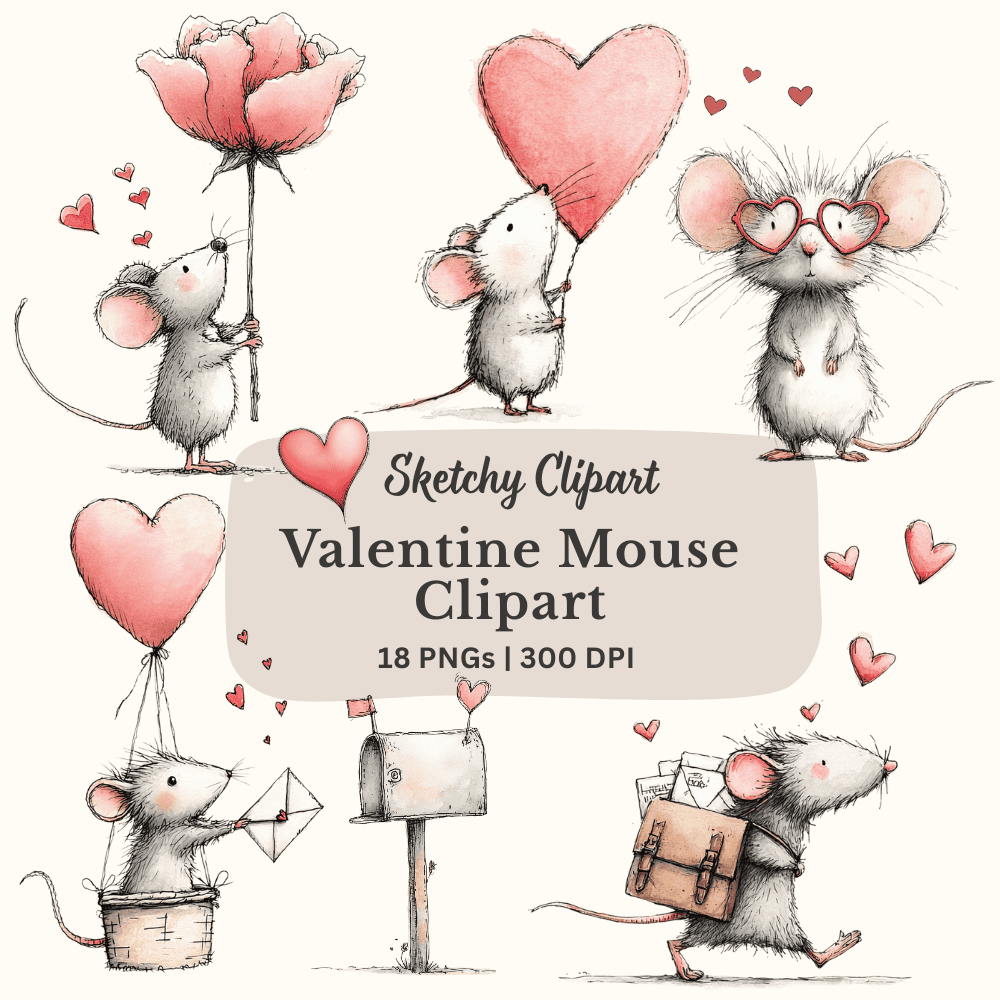 Valentine Mouse Clipart – 18 Whimsical Love Letter Mice PNGs | Watercolor Illustrations for Cards & Crafts 1 Valentine Mouse Clipart Bundle