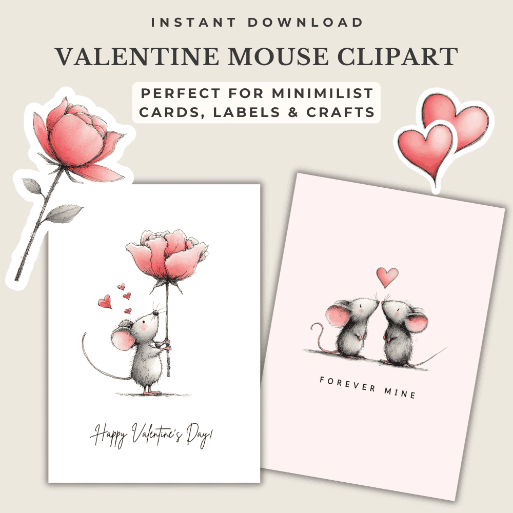 Valentine Mouse Clipart – 18 Whimsical Love Letter Mice PNGs | Watercolor Illustrations for Cards & Crafts 5 Valentine Mouse PNGs perfect for cards, labels and crafts