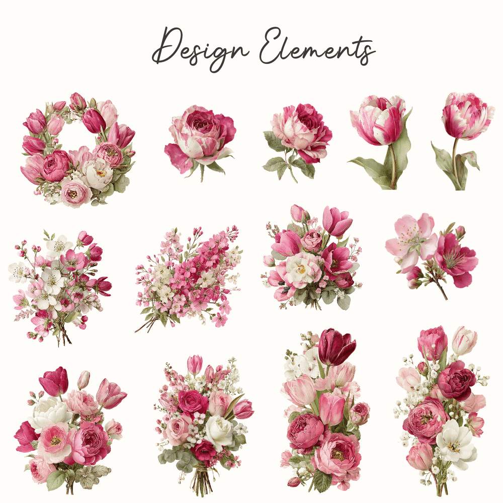 Cottage Valentine Floral Clipart | 45 Romantic Berry and Buttercream Vintage Watercolor PNGs 7 Valentine Pink and Berry Floral design elements