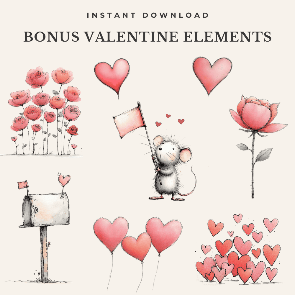 Valentine Mouse Clipart – 18 Whimsical Love Letter Mice PNGs | Watercolor Illustrations for Cards & Crafts 6 Valentine clipart elements including roses, hearts, envelopes and postbox in matching watercolor style