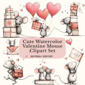 Valentine mouse characters in watercolor sketch style for crafting and print projects