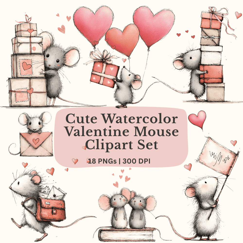 Valentine Mouse Clipart – 18 Whimsical Love Letter Mice PNGs | Watercolor Illustrations for Cards & Crafts 2 Valentine mouse characters in watercolor sketch style for crafting and print projects
