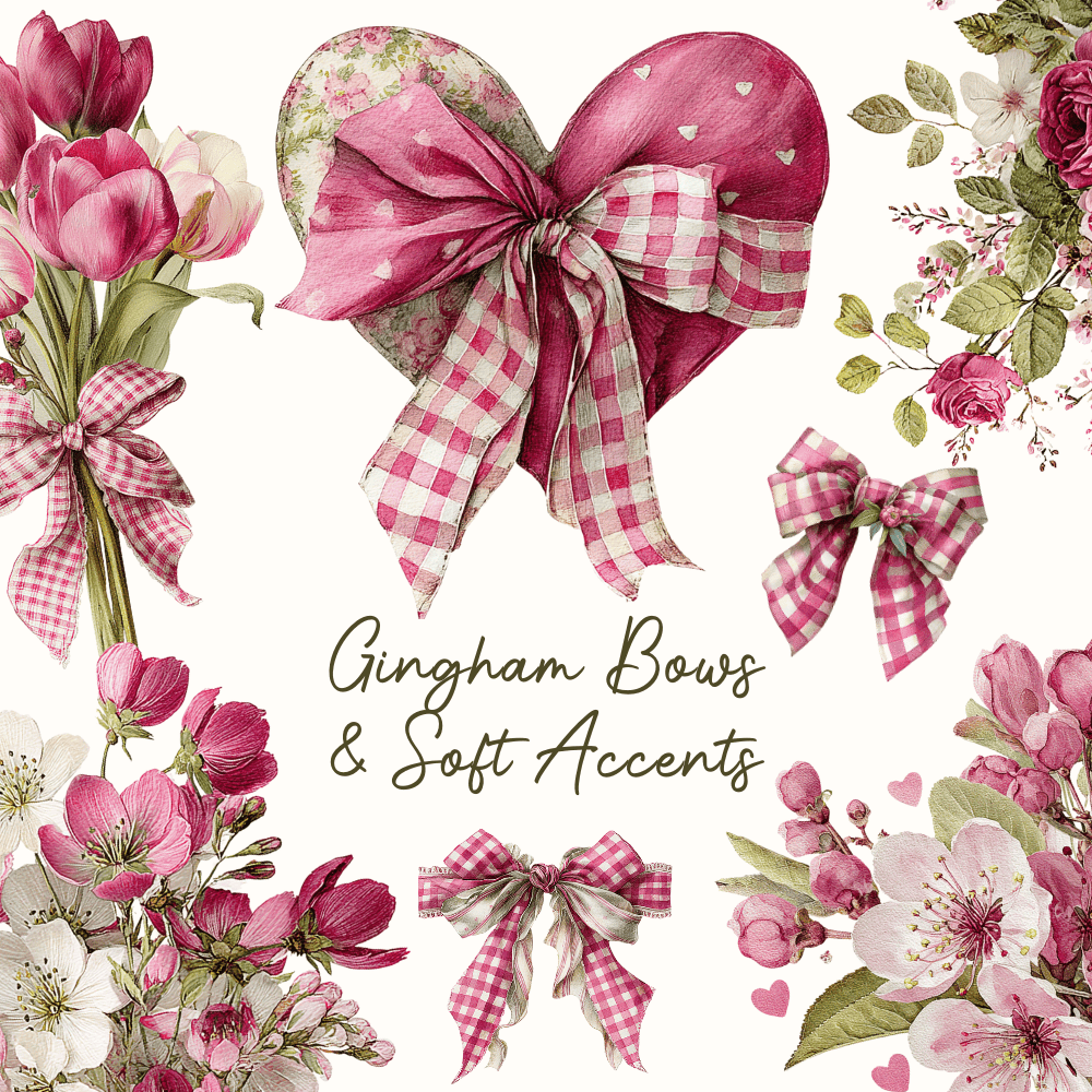 Cottage Valentine Floral Clipart | 45 Romantic Berry and Buttercream Vintage Watercolor PNGs 4 Vintage Valentine Clipart with Ginghams bows and pink roses and tulips