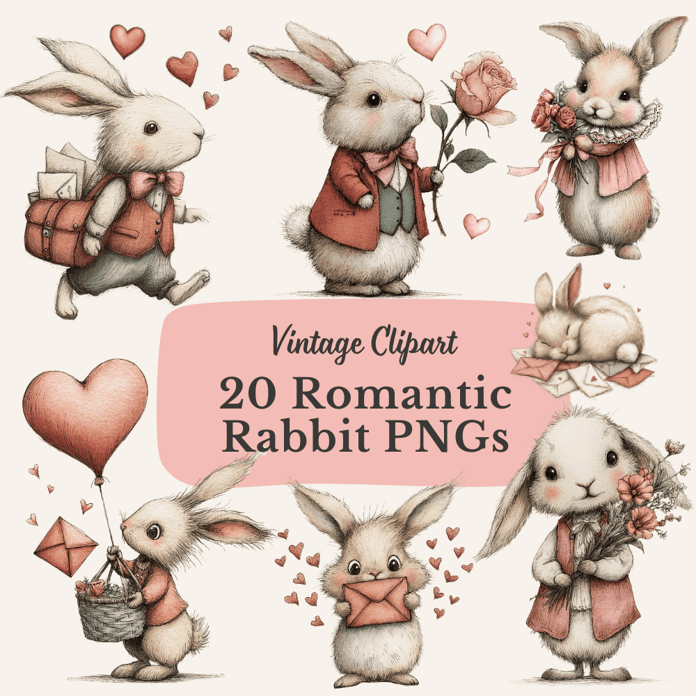 20 Charming Vintage Valentine Clipart Designs – Whimsical Watercolor Rabbit PNGs 2 Vintage Valentine rabbit clipart featuring hand-drawn watercolor bunnies holding hearts, flowers, and love letters