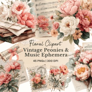 Vintage peony clipart with romantic watercolor florals and music ephemera