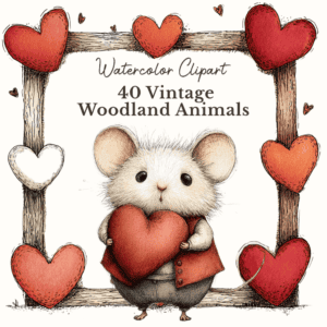 Vintage woodland animal clipart with romantic watercolor Valentine illustrations