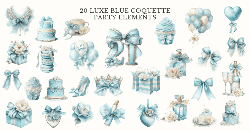 blue coquette clipart for wedding and party invitations, scrapbooking, stickers, creative projects